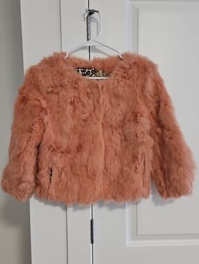 Luxury Plush Real Rabbit Fur Jacket in Peach 3/4 Sleeves